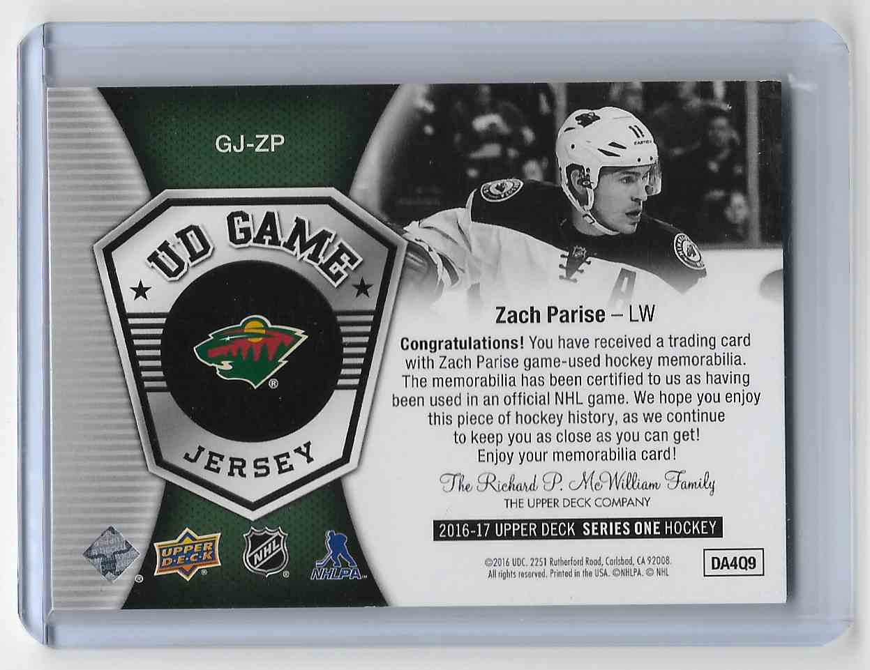 2016-17 Upper Deck Zach Parise #GJ-ZP card back image