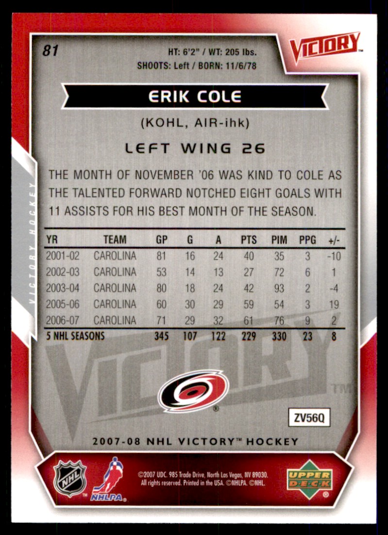 2007-08 Upper Deck Victory Erik Cole #81 card back image