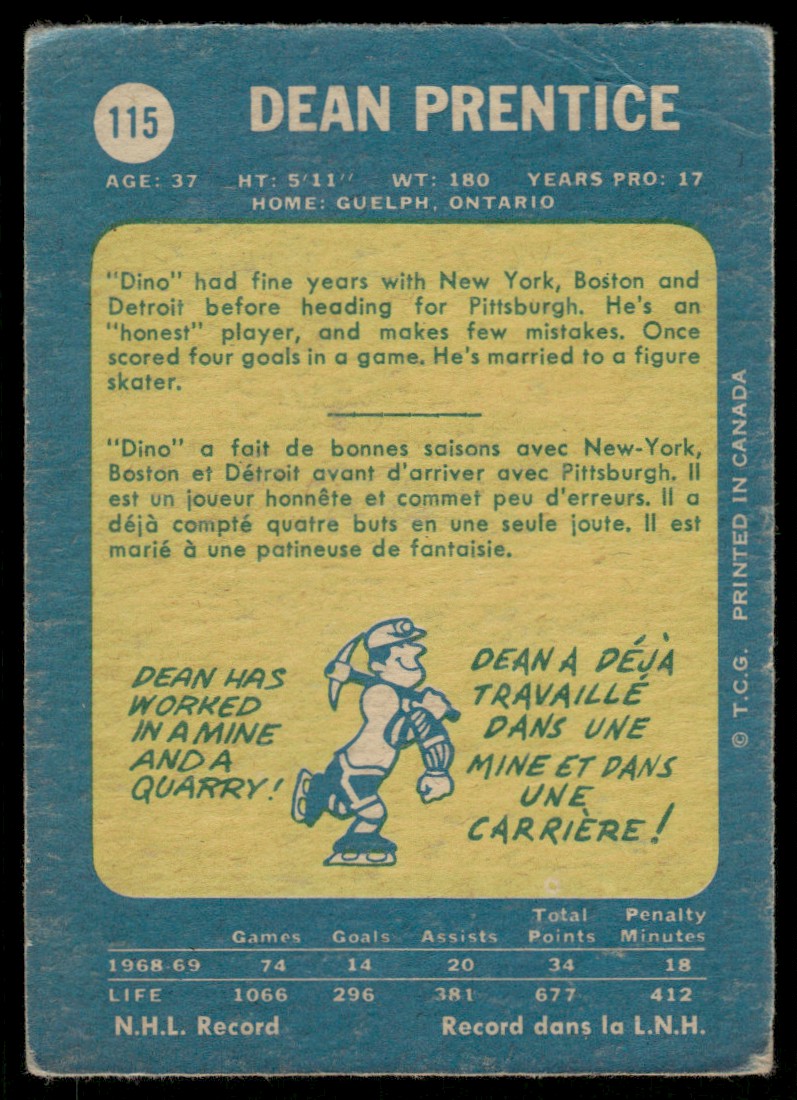1969-70 O-Pee-Chee Hockey OPC Dean Prentice #115 card back image