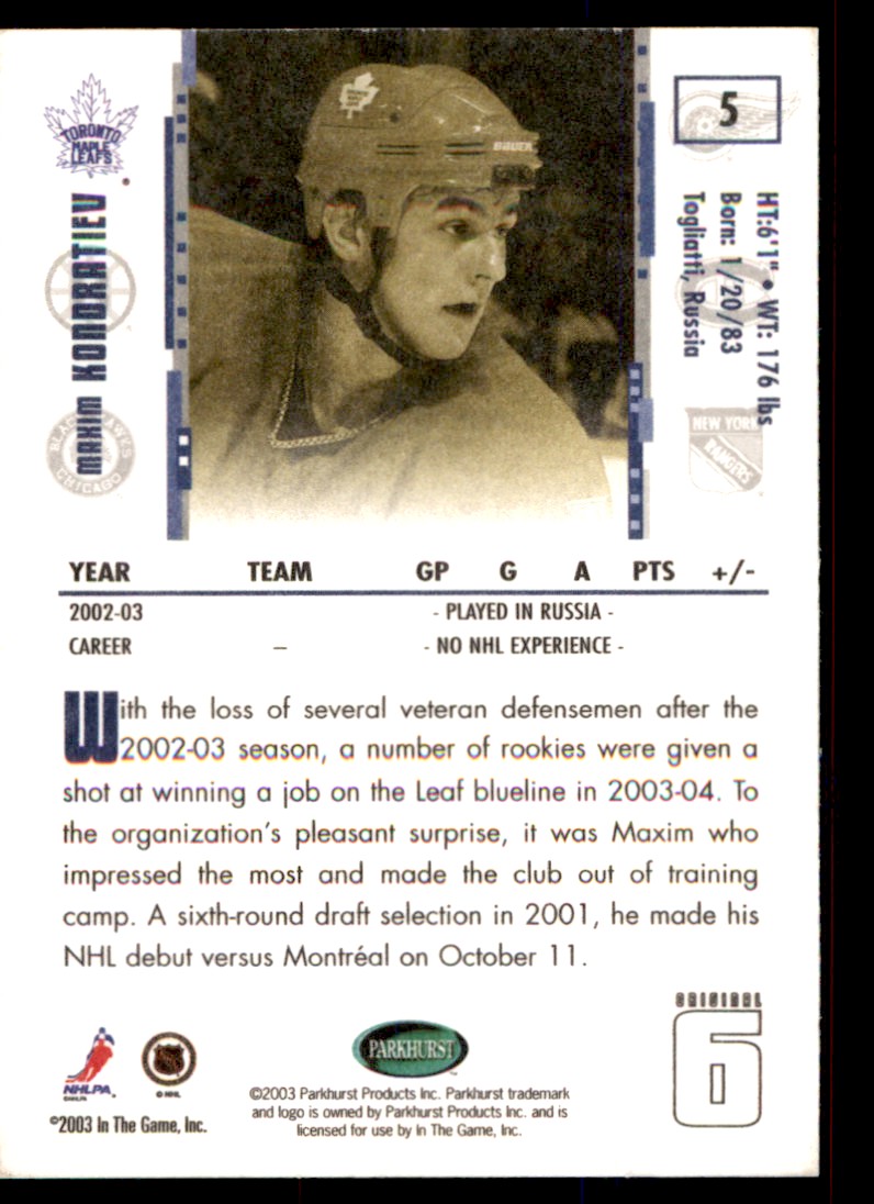 2003-04 Parkhurst Original Six Toronto Maxim Kondratiev #5 card back image