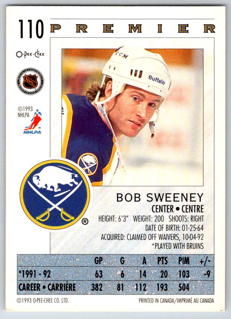 1992-93 O-Pee-Chee Premier Bob Sweeney #110 card back image