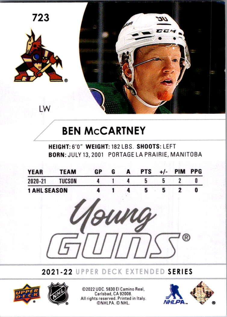 2022-23 Upper Deck Young Guns Acetate 2021-22 Update Ben McCartney #723 card back image