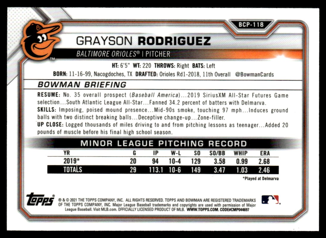 2021 Mojo Grayson Rodriguez Baltimore Orioles #BCP-118