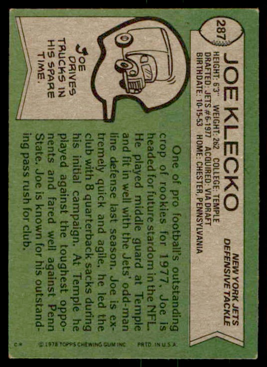 1978 Topps Joe Klecko #287 card back image