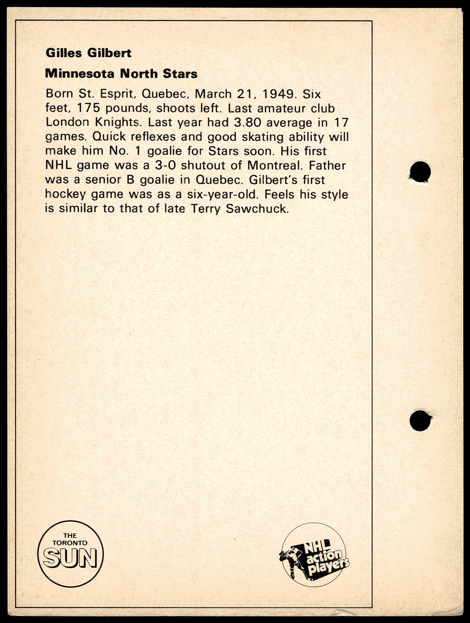 1971-72 Toronto Sun NHL Action Players Gilles Gilbert card back image