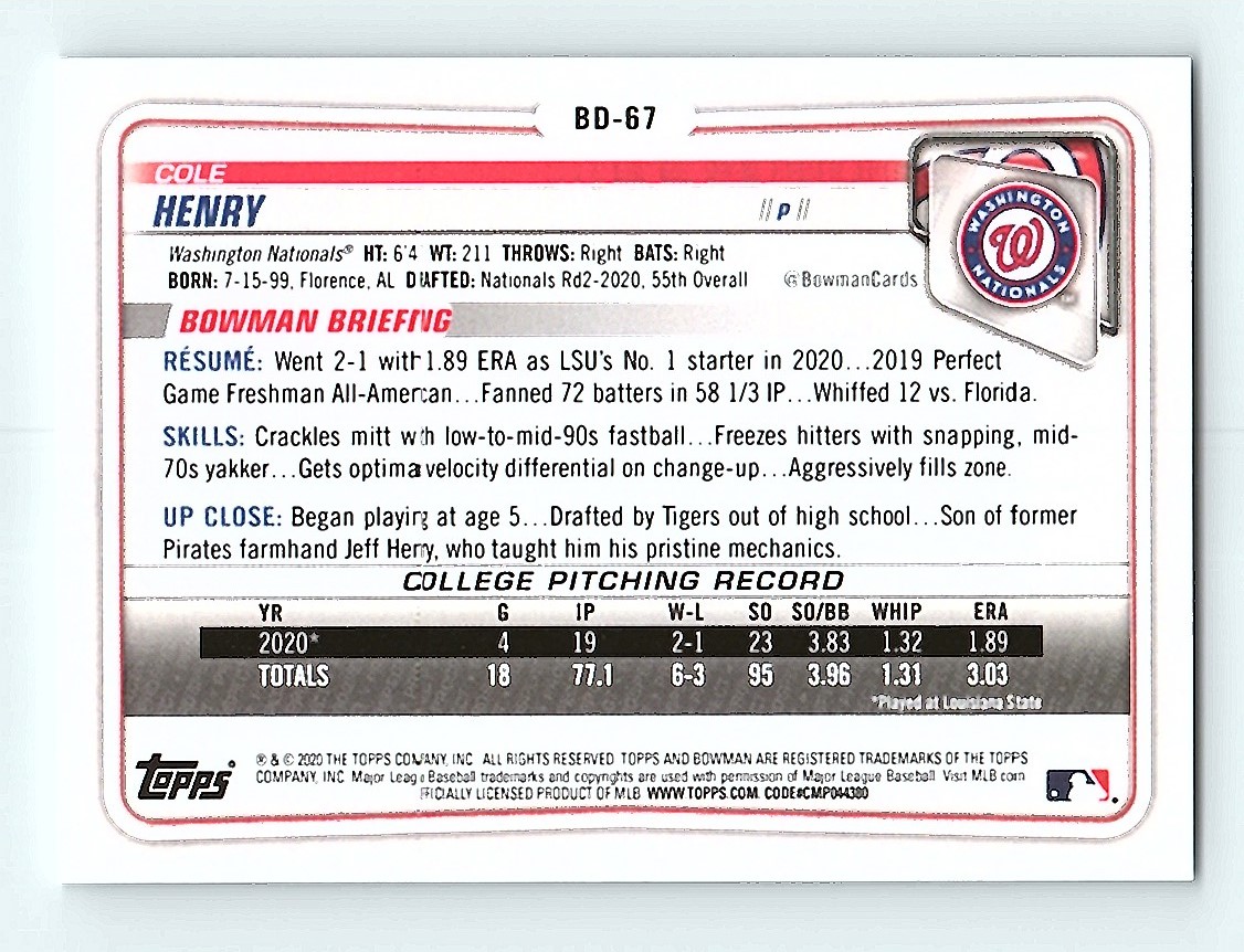 2020 Bowman 1st Draft Cole Henry #BD-67 card back image