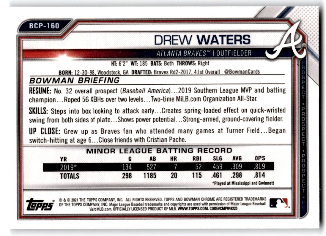 2021 Bowman Chrome Prospects Drew Waters #BCP-160 card back image