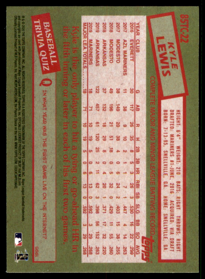 2020 Topps Chrome 1985 Baseball Kyle Lewis #85TC-22 card back image