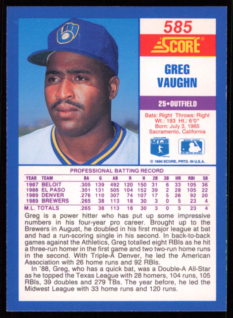 1990 Score Greg Vaughn Rookie Milwaukee Brewers #585 | eBay