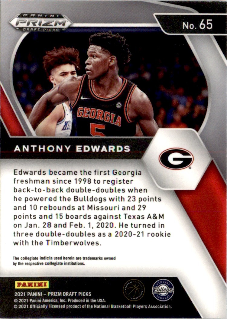 2021-22 Panini Prizm Draft Picks Anthony Edwards #65 card back image