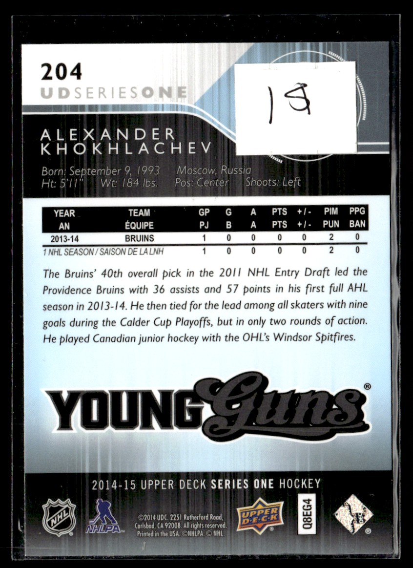 2014-15 Upper Deck Young Guns Alexander Khokhlachev #204 card back image