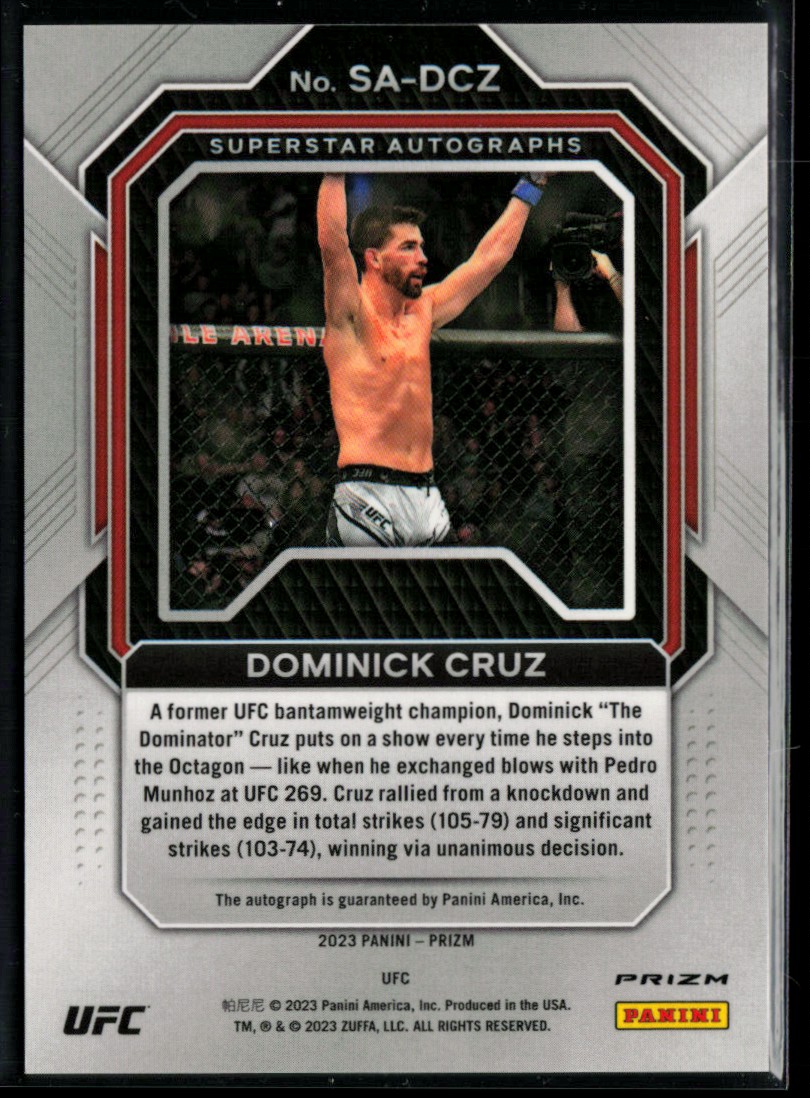 2023 Panini Prizm UFC Superstar Autograph Prizms Silver Dominick Cruz #SA-DCZ card back image