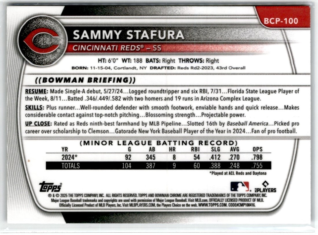 2025 Bowman Chrome Blue Reptillian Sammy Stafura #BCP100 card back image