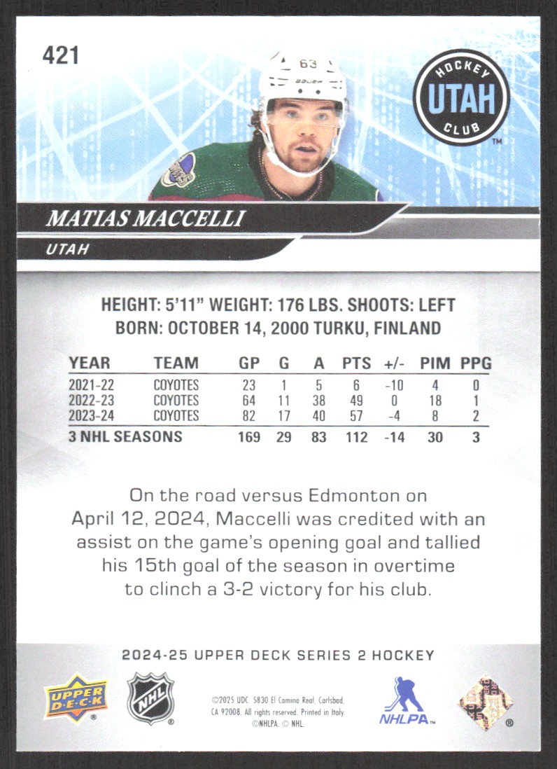 2024-25 Upper Deck Matias Maccelli #421 card back image