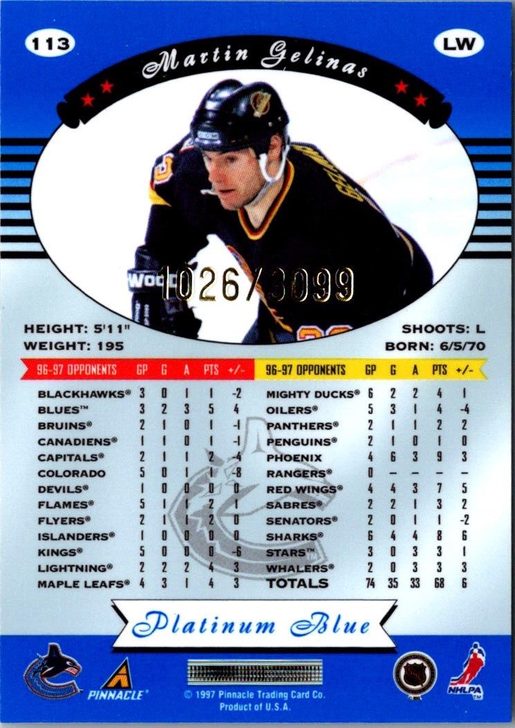 1997-98 Pinnacle Certified Mirror Blue Martin Gelinas #113 card back image