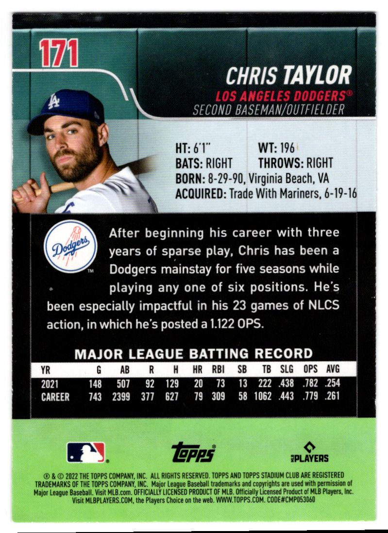 2022 Stadium Club Chris Taylor #171 card back image