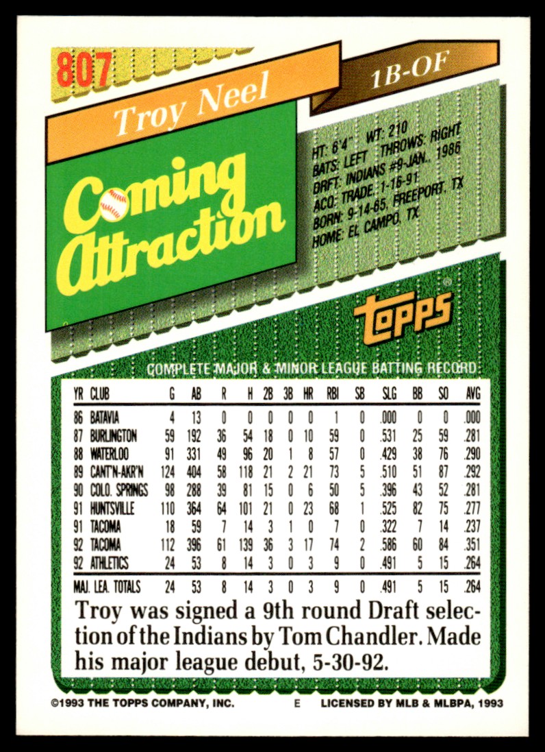 1993 Topps Coming Attraction Troy Neel #807 card back image