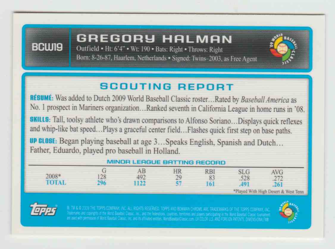 2009 Bowman Chrome Wbc Prospects Gregory Halman #BCW19 card back image
