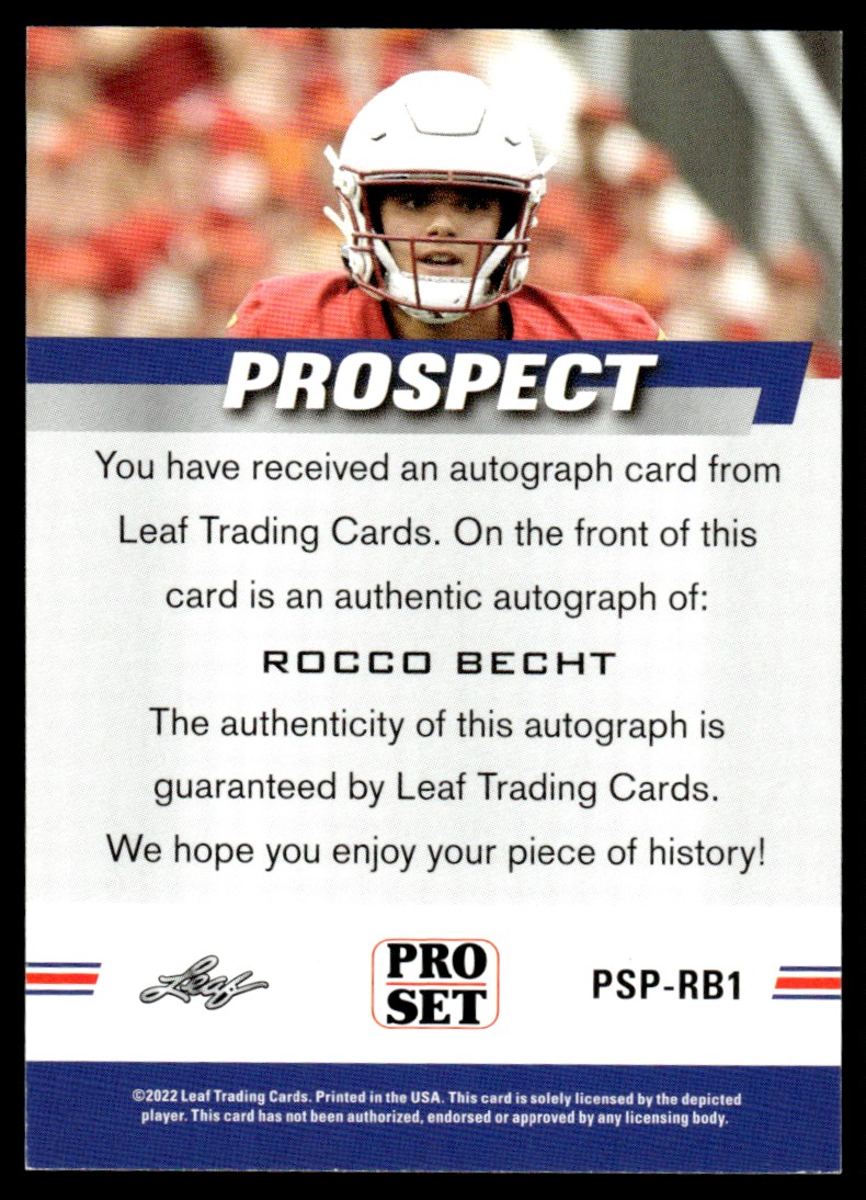 2022 Pro Set Rocco Becht #PA-RB1 card back image