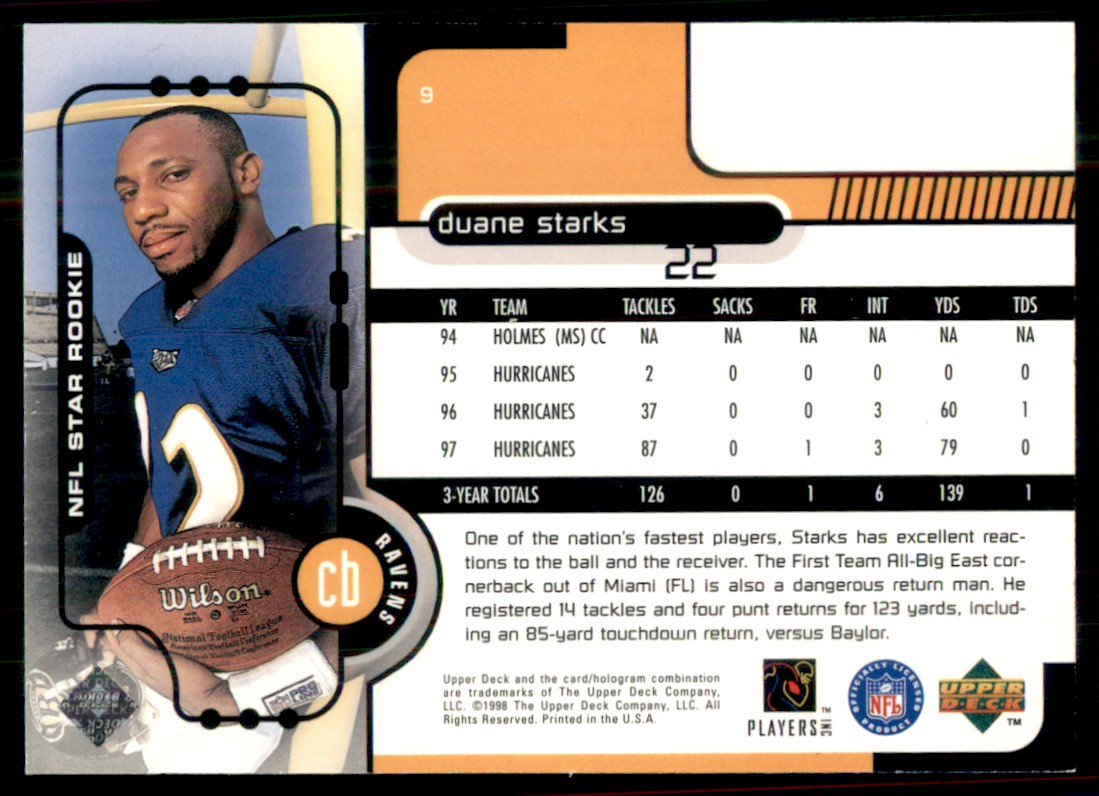1998 Upper Deck Duane Starks #9 card back image