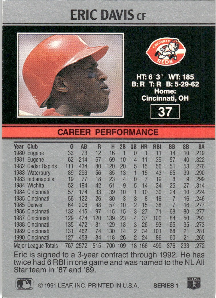 1991 Leaf Major League MLB Baseball Eric Davis #37 card back image