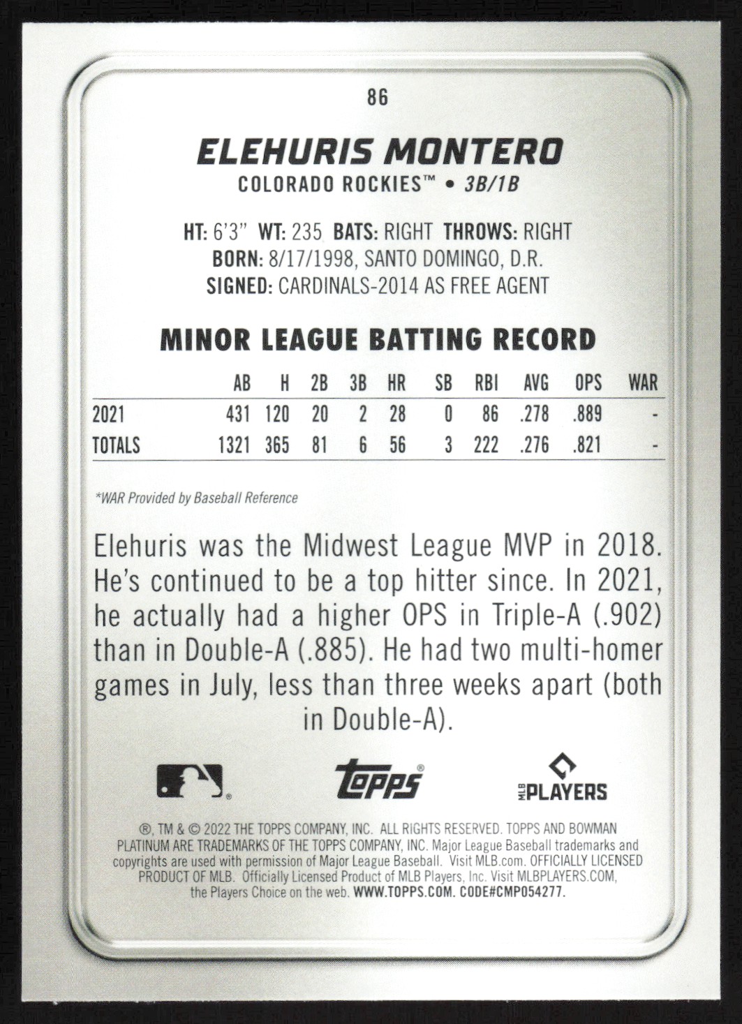 2022 Bowman Platinum Elehuris Montero RC #86 Colorado Rockies | eBay