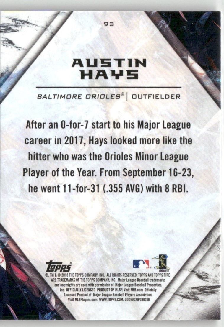 2018 Topps Fire Baseball Card RC Austin Hays #93 card back image