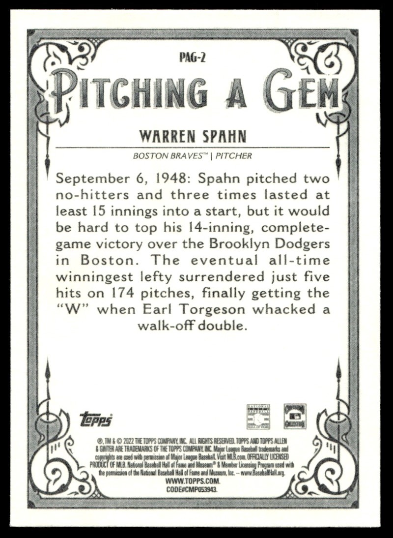 2022 Topps Allen & Ginter Pitching a Gem Warren Spahn #PAG-2 card back image