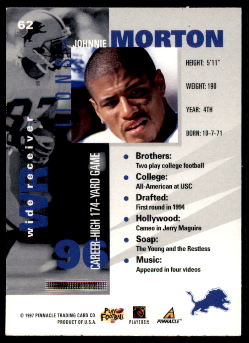 1997 Pinnacle Inside Johnnie Morton #62 card back image