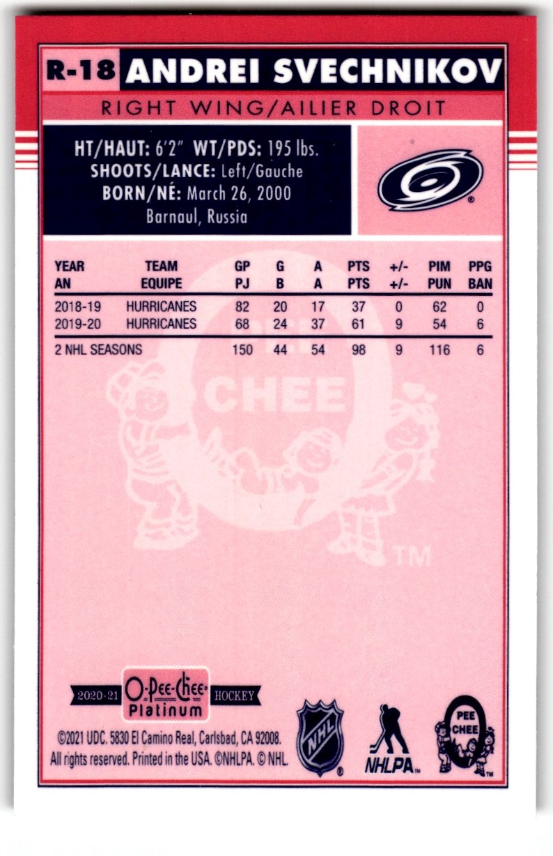 2020-21 O-Pee-Chee Platinum Retro Andrei Svechnikov #R-18 card back image