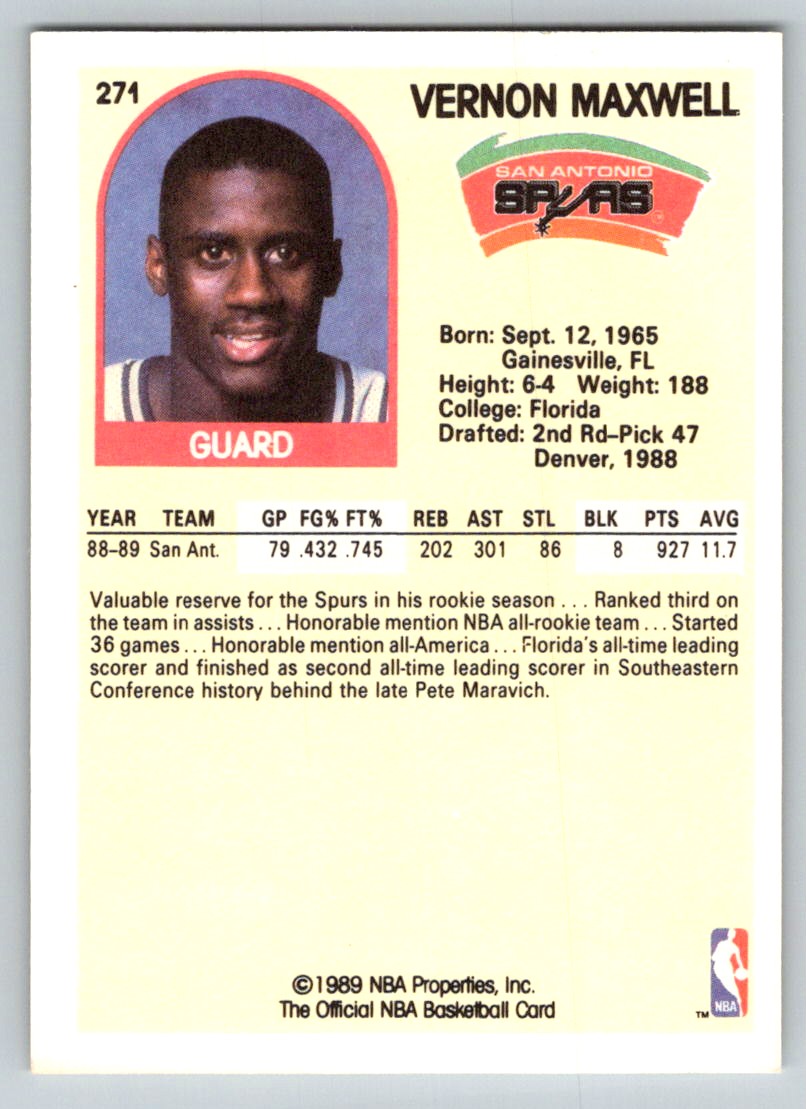 1989-90 HOOPS VERNON MAXWELL RC SAN ANTONIO SPURS #271 | eBay