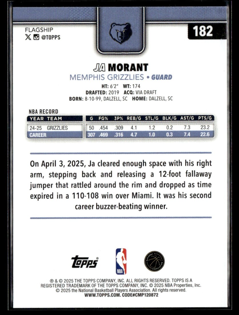 2025-26 TOPPS JA MORANT MEMPHIS GRIZZLIES #182 | eBay