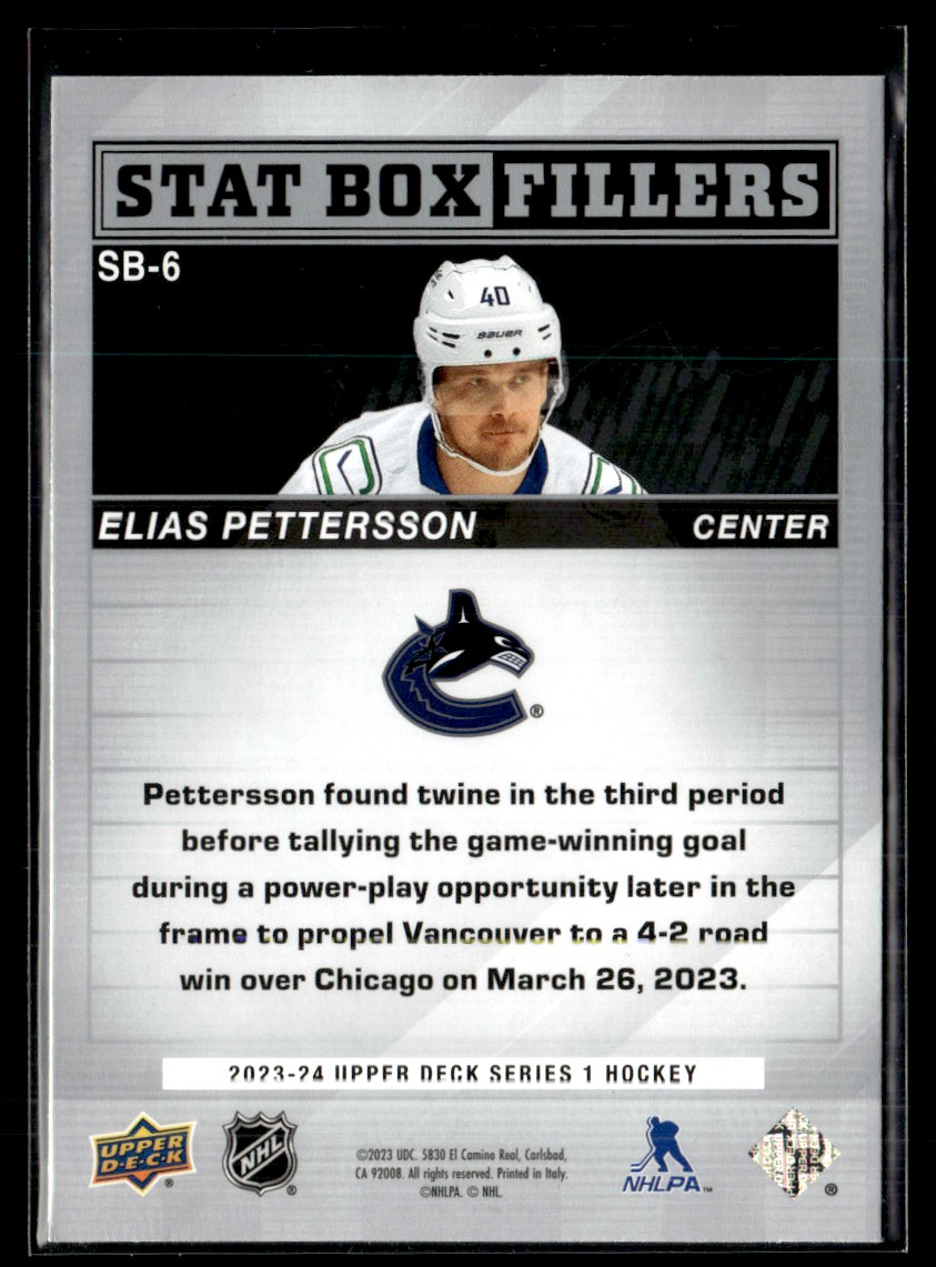 2023-24 Upper Deck Stat Box Fillers Elias Pettersson #SB-6 card back image