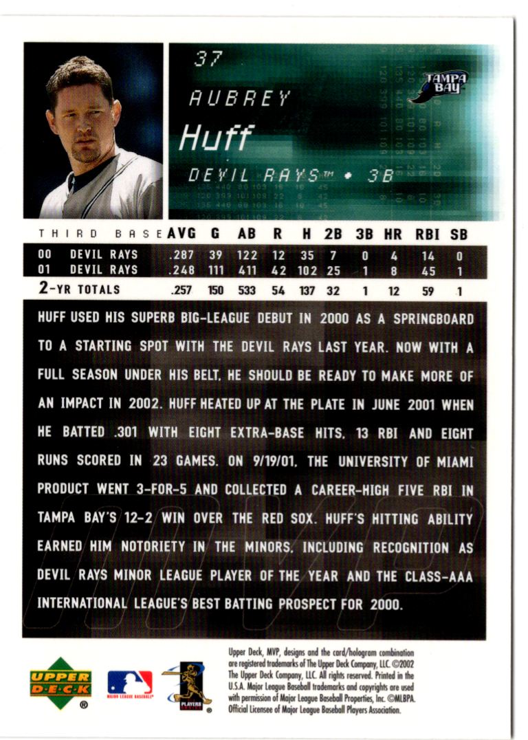 2002 Upper Deck MVP Aubrey Huff #37 card back image