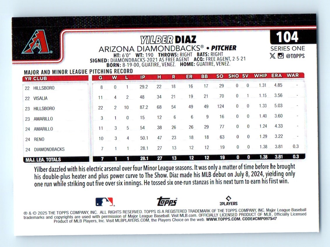 2025 Topps Series 1 Yilber Diaz Arizona Diamondbacks #104 RC | eBay