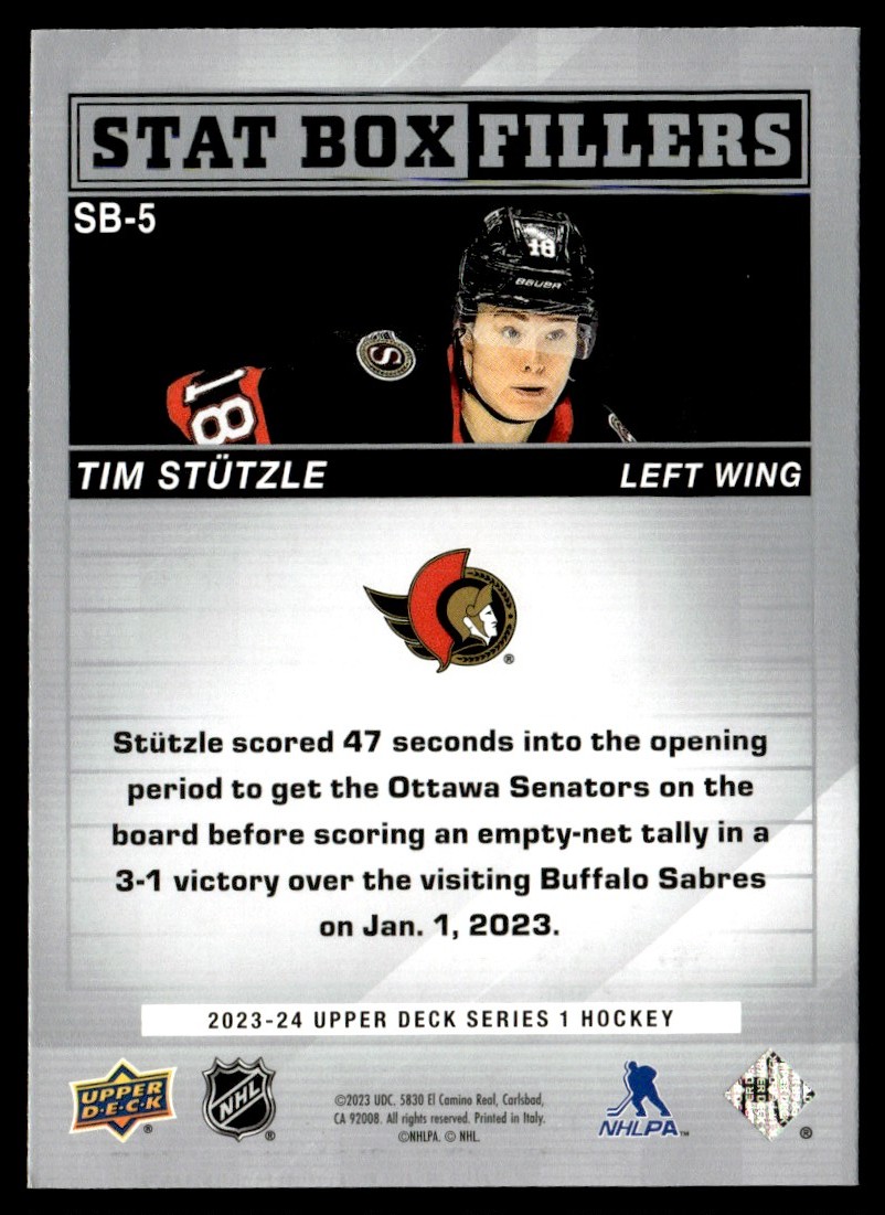2023-24 Upper Deck Stat Box Fillers Tim Stutzle #SB-5 card back image