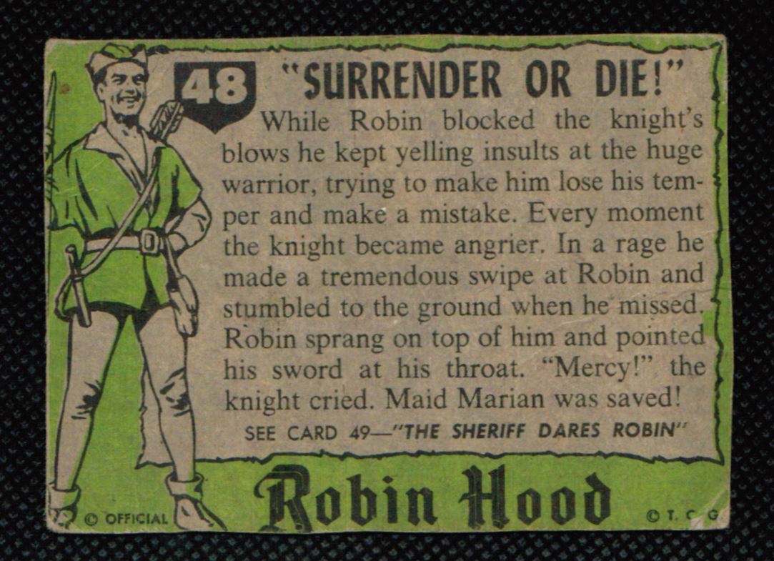 1957 Topps Robin hood "Surrender or Die!" #48 card back image