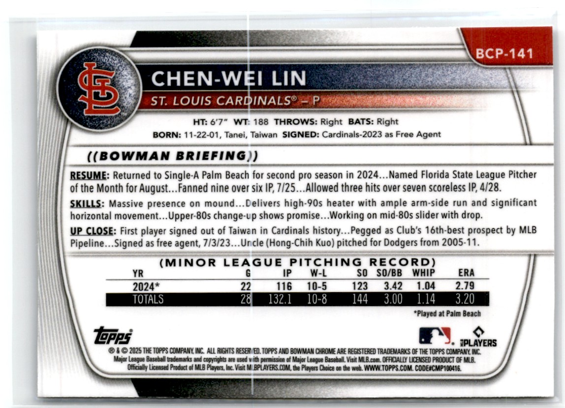 2025 Bowman Chrome Prospects Chen-Wei Lin #BCP-141 card back image