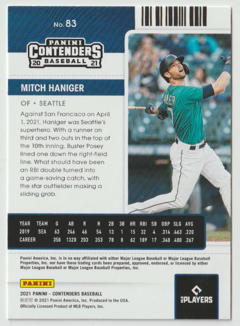 2021 Panini Contenders Season Ticket Blue Mitch Haniger #83 card back image