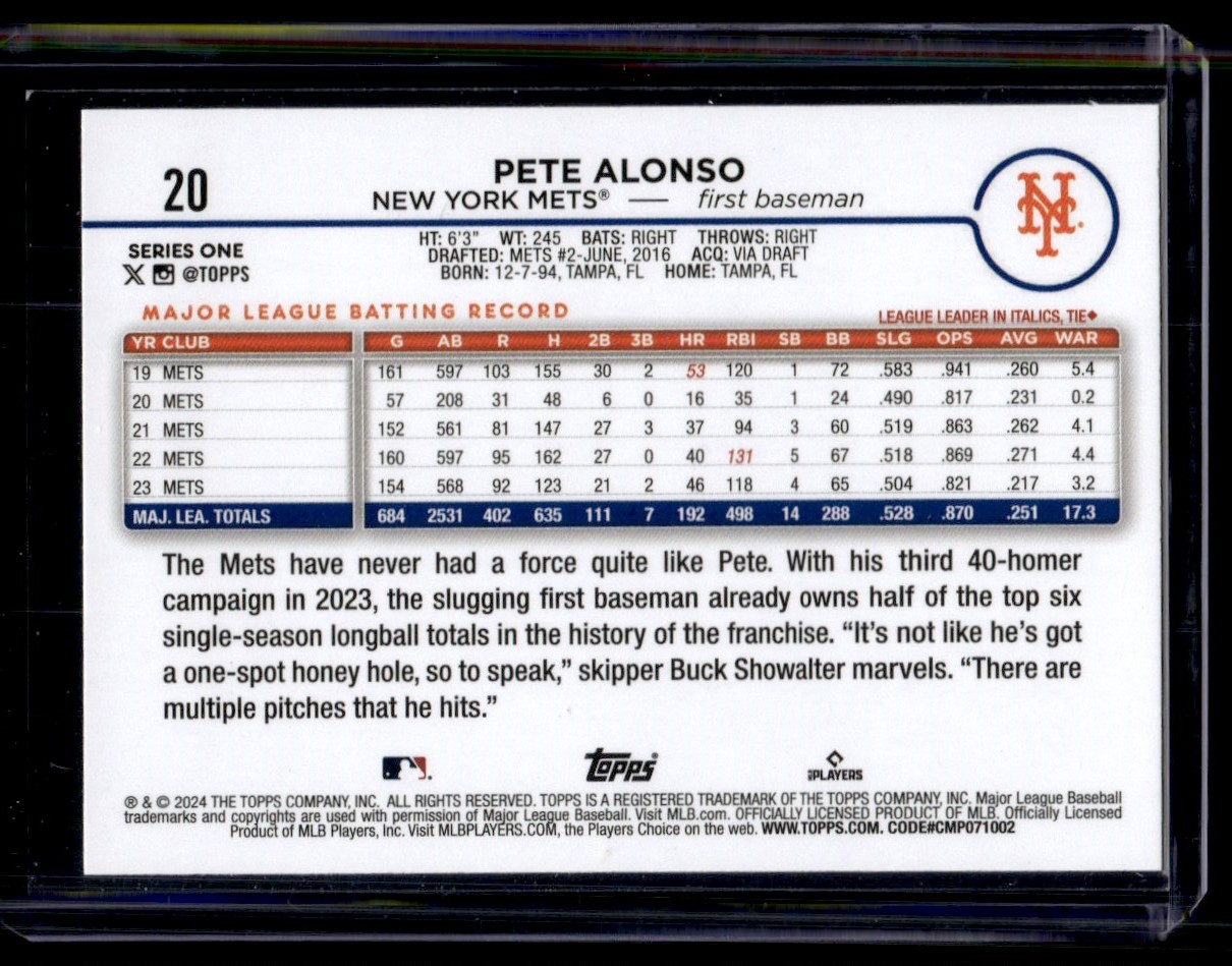 2024 Topps Series 1 Yellow Pete Alonso #20 card back image