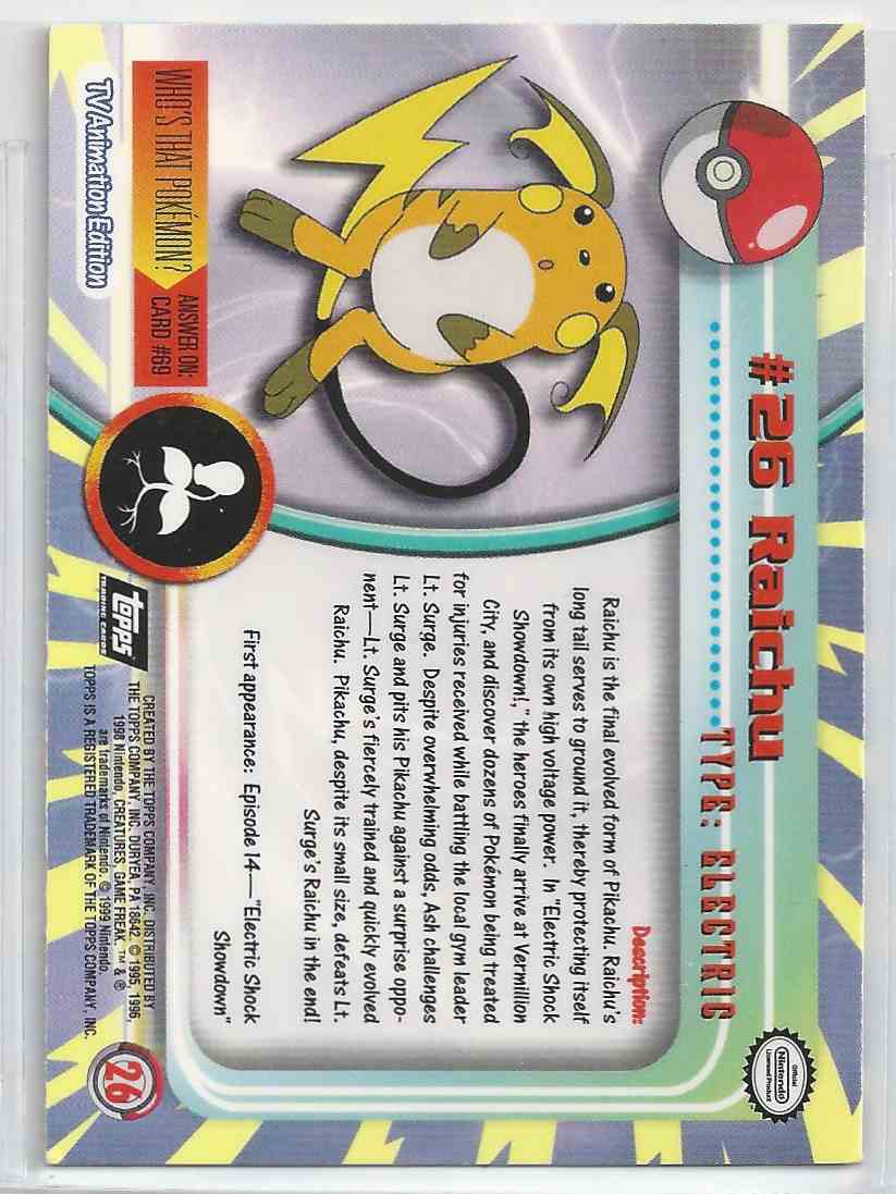 1999 Topps Pokemon Tv Animation Series Raichu #26 on Kronozio