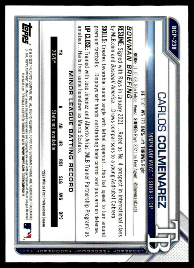 2021 Bowman Chrome Prospects Sapphire Refractor Carlos Colmenarez #BCP-238 card back image