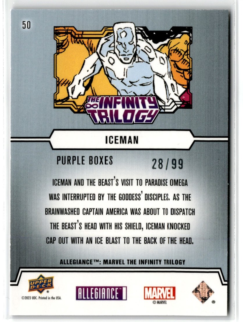 2023 Marvel Allegiance Infinity Trilogy Purple Boxes Iceman #50 card back image