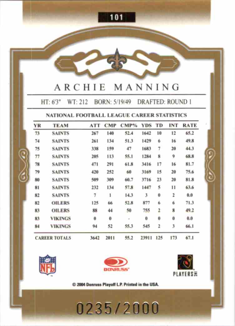 2004 Donruss Classics Archie Manning #101 card back image