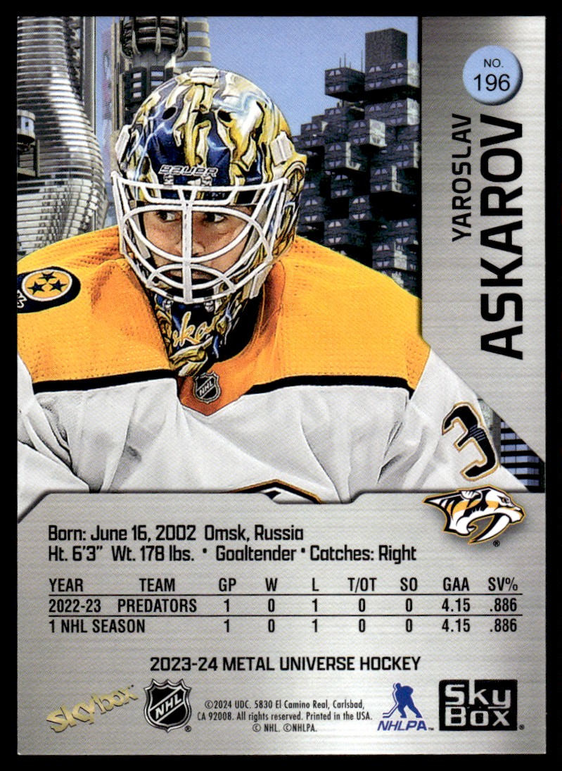 2023-24 SkyBox Metal Universe Rookies Yaroslav Askarov #196 card back image