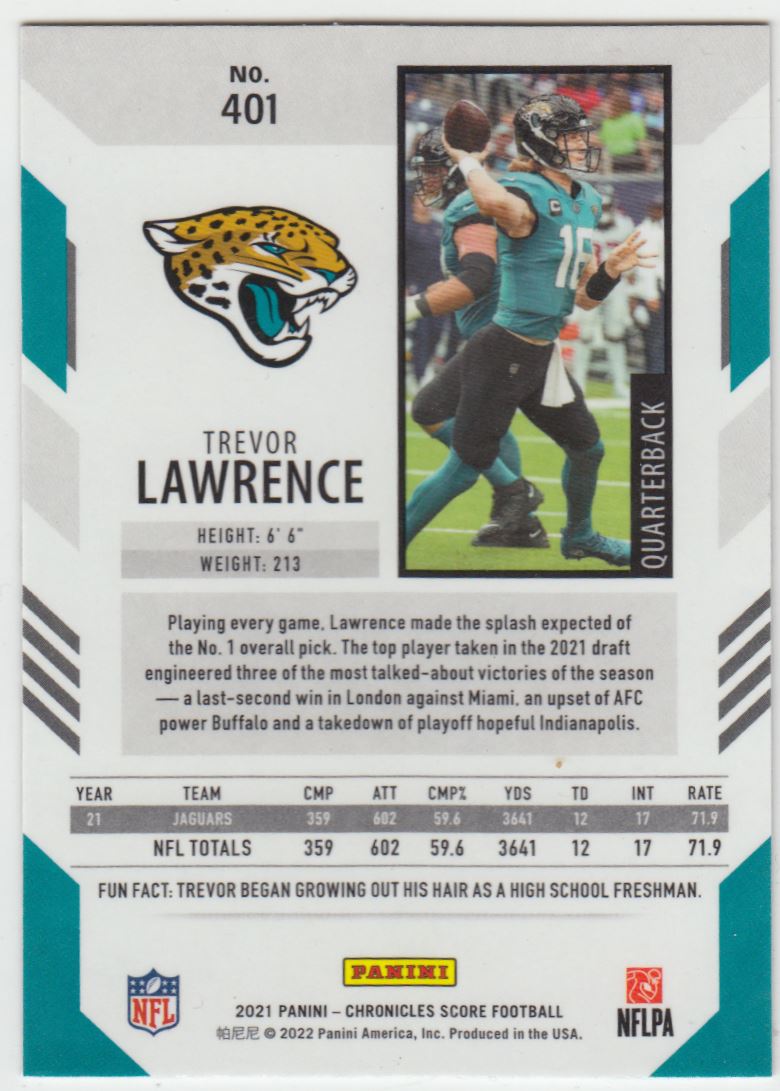 2021 Panini Chronicles Score Update Rookies Silver Trevor Lawrence #401 card back image