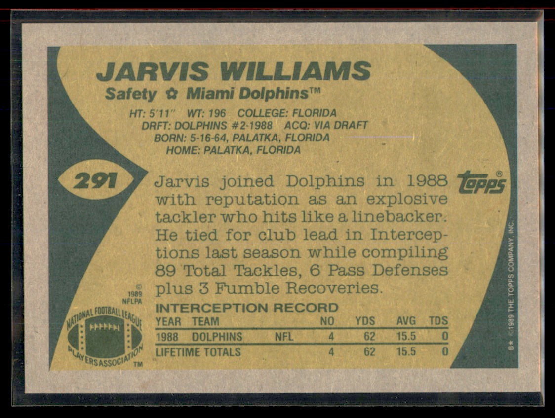 1989 Topps Jarvis Williams Rookie Miami Dolphins #291 - Picture 2 of 2