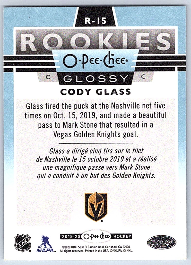 2019-20 Upper Deck O-Pee-Chee Glossy Rookies Cody Glass #R-15 card back image