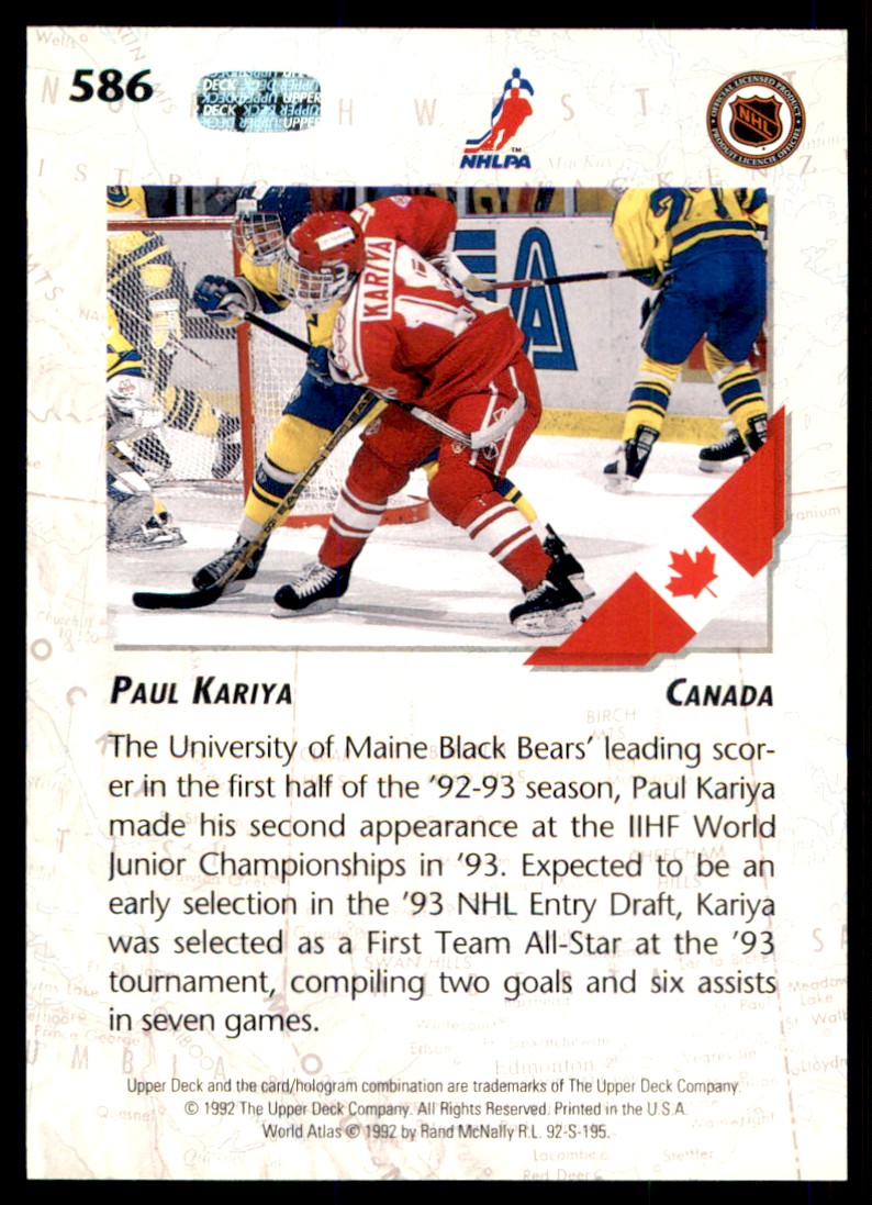 1992-93 Upper Deck Paul Kariya #586 card back image