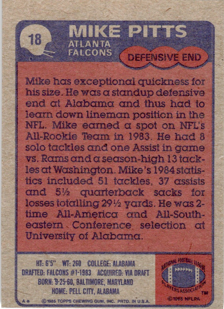 1985 Topps Mike Pitts C #18 card back image